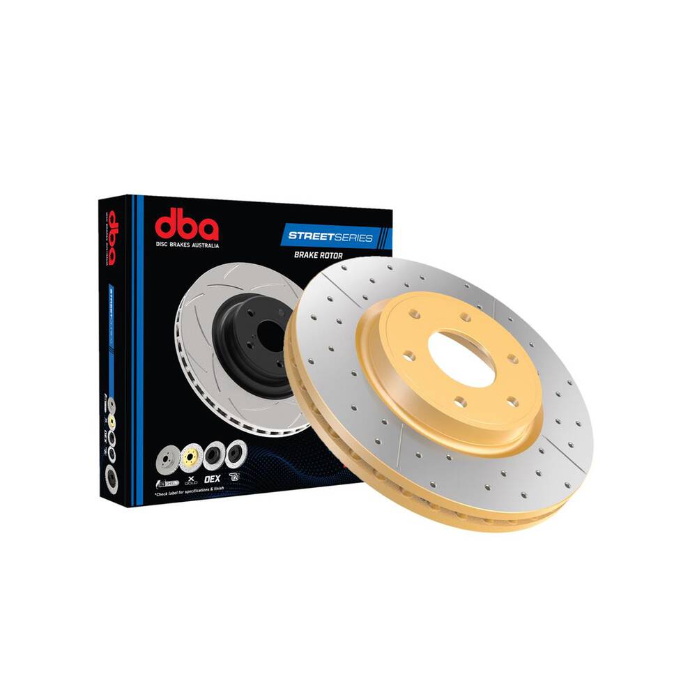 DBA Street X Cross-Drilled/Slotted Gold Rotors PAIR Audi S3 8P 8V/VW Golf R32 Mk5/Golf GTI & R Mk6,7,8 (Rear, 310 x 22mm)